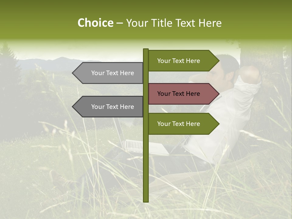 A Man Sitting In The Grass With A Laptop PowerPoint Template