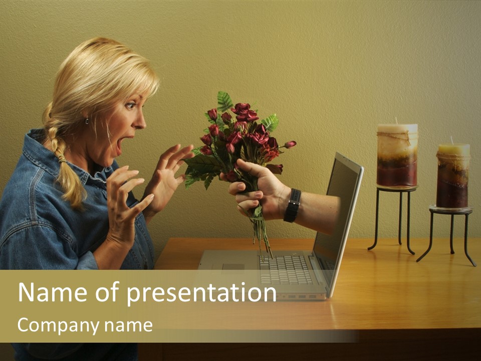 A Woman Holding A Bouquet Of Flowers In Front Of A Laptop PowerPoint Template