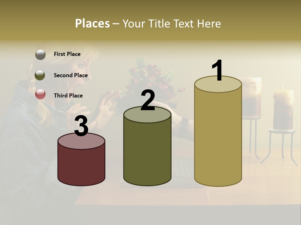 A Woman Holding A Bouquet Of Flowers In Front Of A Laptop PowerPoint Template