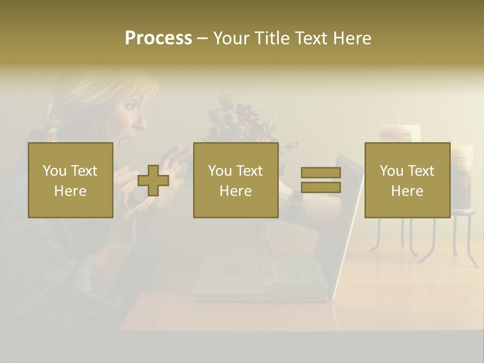 A Woman Holding A Bouquet Of Flowers In Front Of A Laptop PowerPoint Template