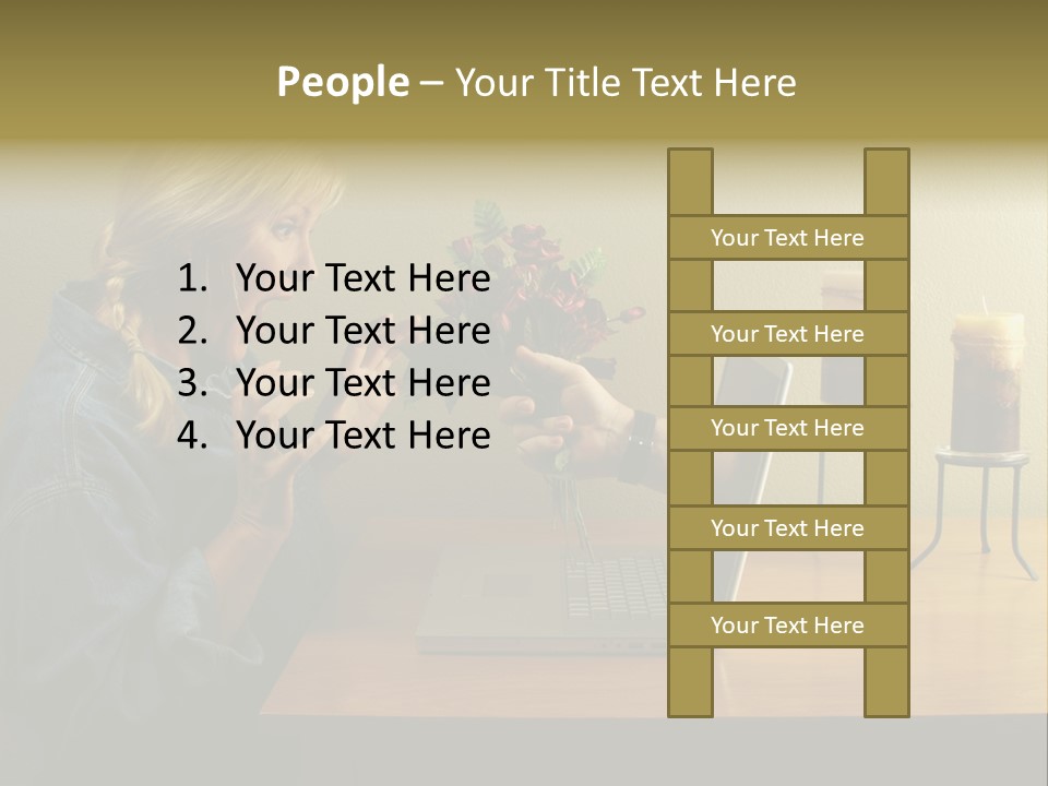 A Woman Holding A Bouquet Of Flowers In Front Of A Laptop PowerPoint Template