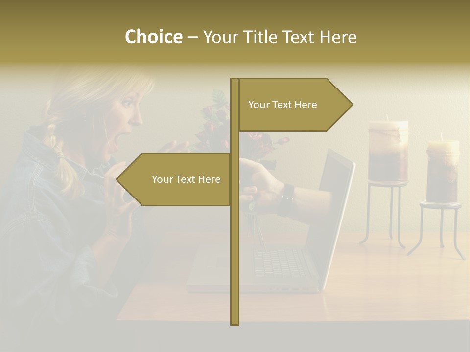 A Woman Holding A Bouquet Of Flowers In Front Of A Laptop PowerPoint Template