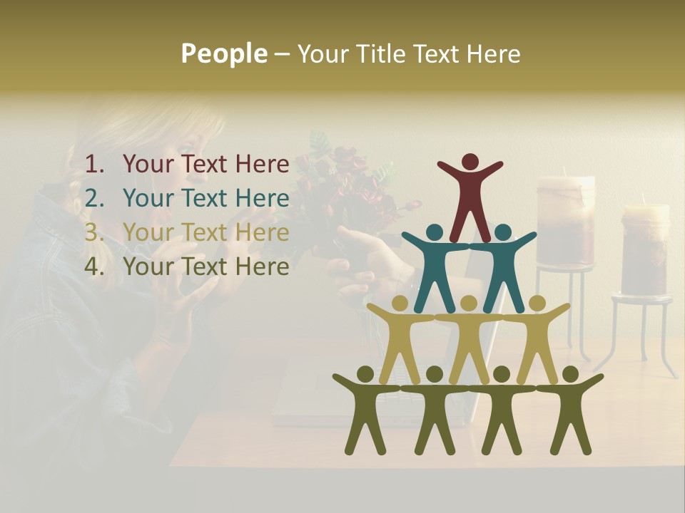 A Woman Holding A Bouquet Of Flowers In Front Of A Laptop PowerPoint Template