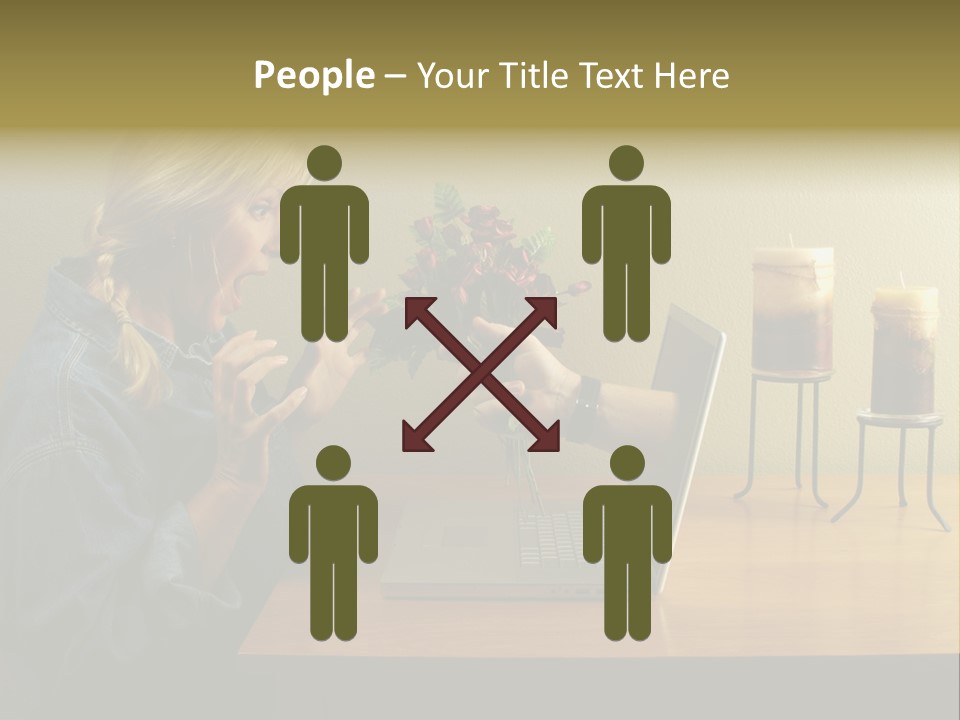 A Woman Holding A Bouquet Of Flowers In Front Of A Laptop PowerPoint Template