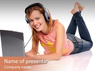 A Woman Laying On The Floor With A Laptop PowerPoint Template