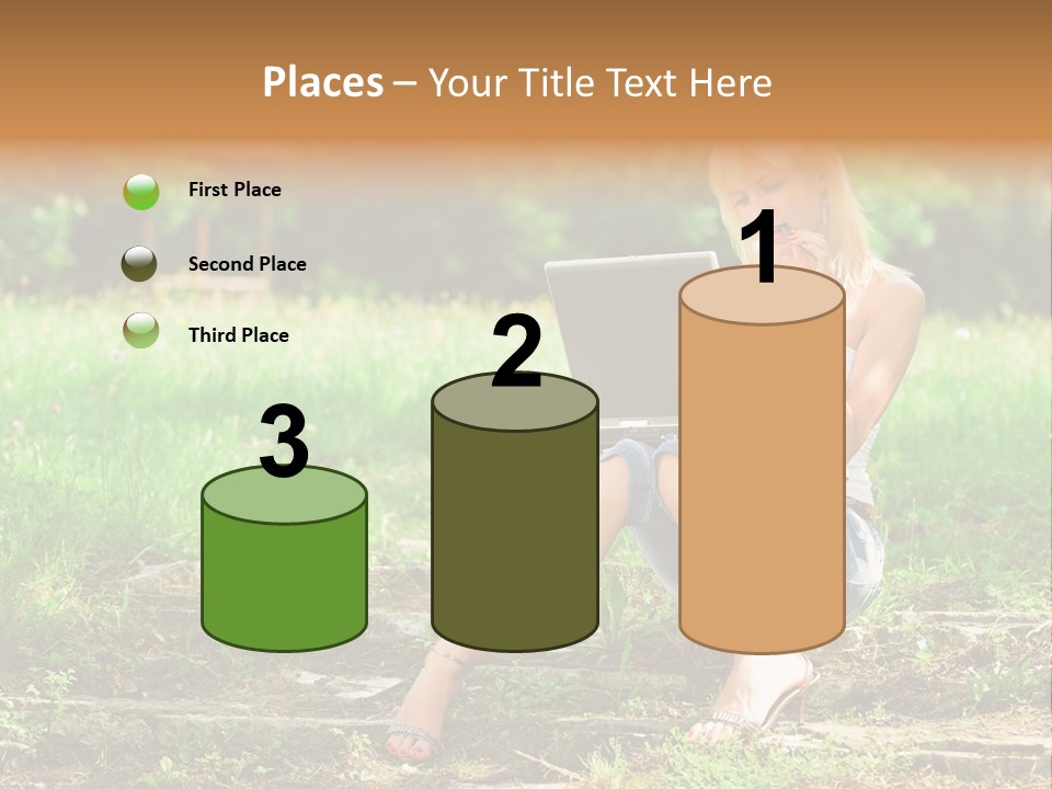 A Woman Sitting In The Grass Using A Laptop Computer PowerPoint Template