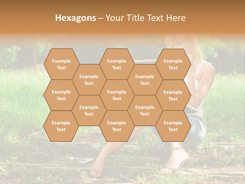 A Woman Sitting In The Grass Using A Laptop Computer PowerPoint Template