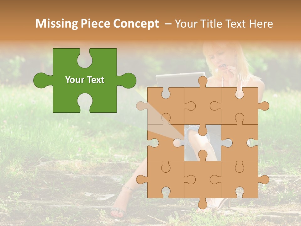 A Woman Sitting In The Grass Using A Laptop Computer PowerPoint Template