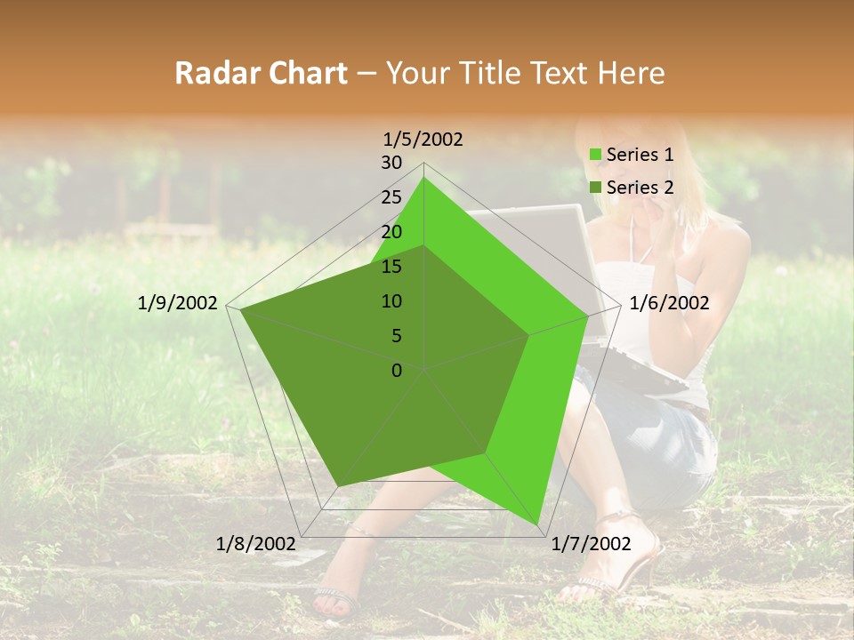 A Woman Sitting In The Grass Using A Laptop Computer PowerPoint Template