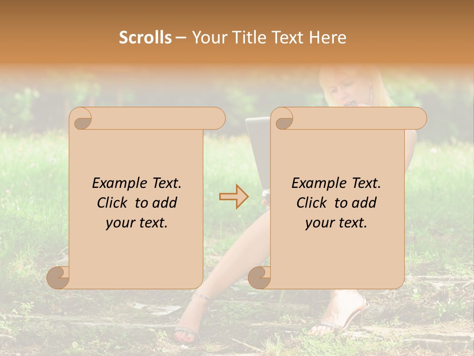 A Woman Sitting In The Grass Using A Laptop Computer PowerPoint Template
