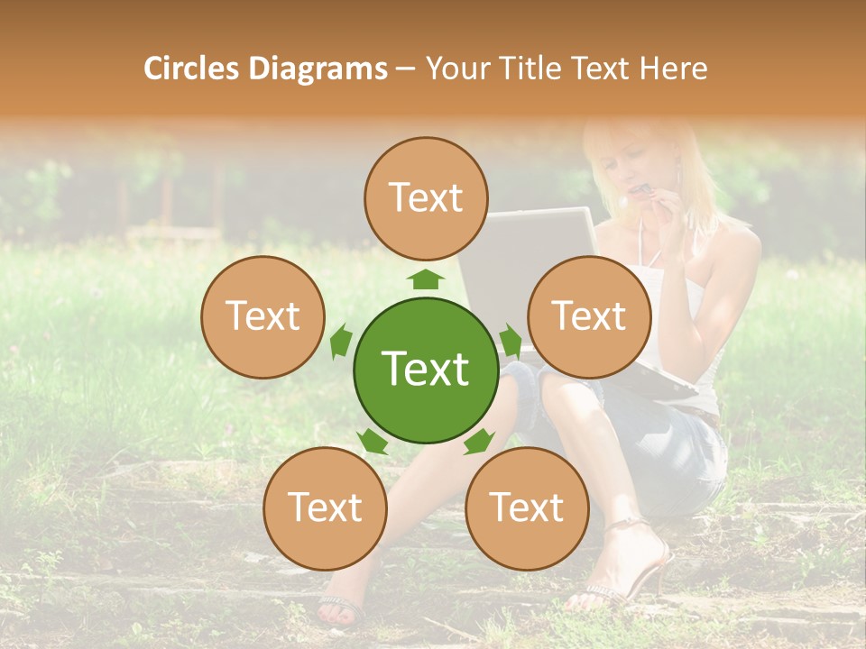 A Woman Sitting In The Grass Using A Laptop Computer PowerPoint Template