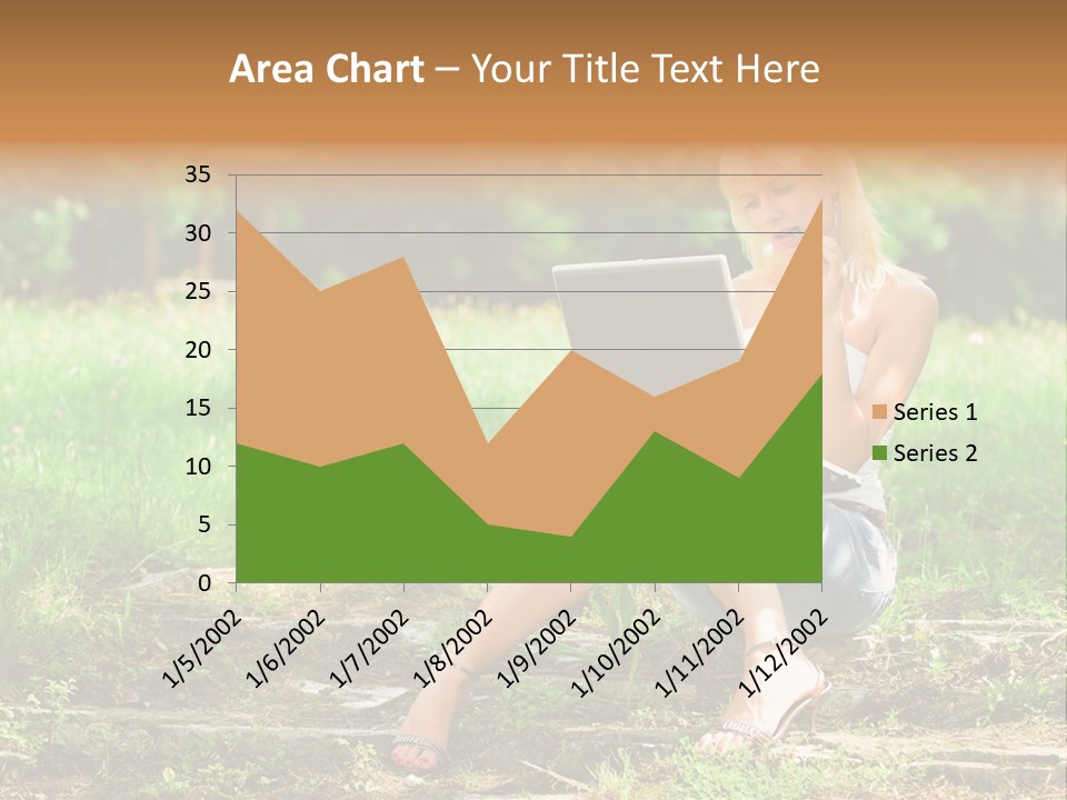 A Woman Sitting In The Grass Using A Laptop Computer PowerPoint Template
