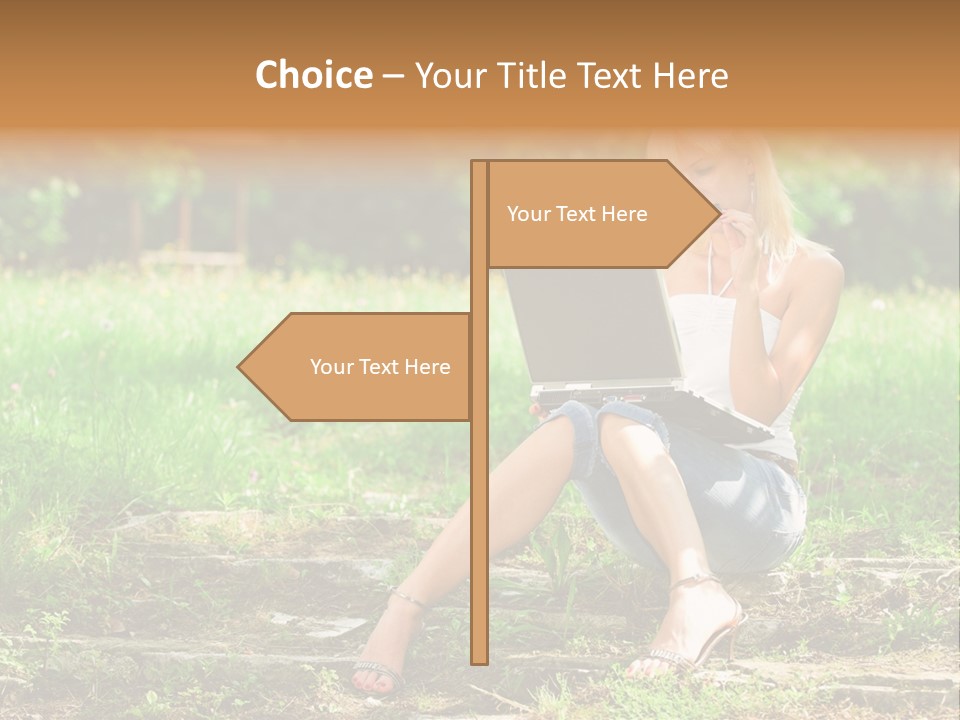 A Woman Sitting In The Grass Using A Laptop Computer PowerPoint Template