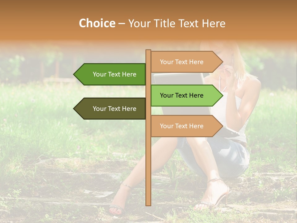 A Woman Sitting In The Grass Using A Laptop Computer PowerPoint Template