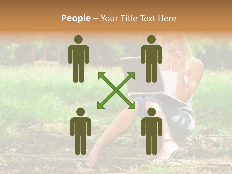 A Woman Sitting In The Grass Using A Laptop Computer PowerPoint Template