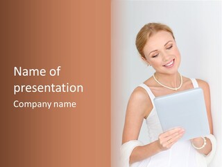 Electronic Tablet Choosing Smiling PowerPoint Template