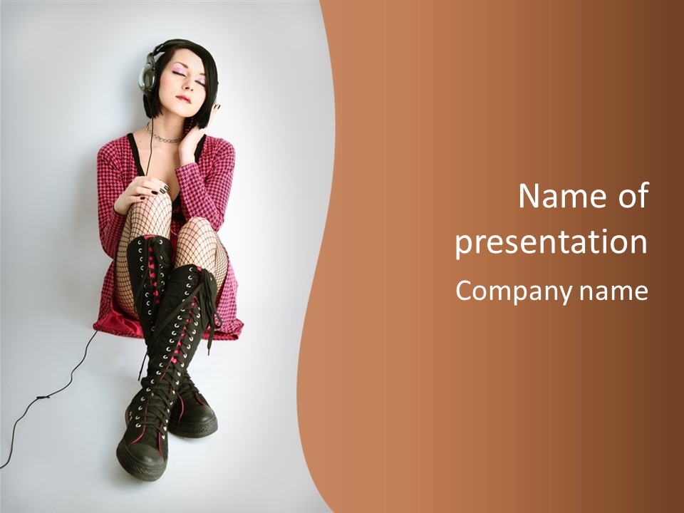 A Woman With Headphones Is Sitting On The Floor PowerPoint Template