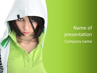 A Woman In A Green Shirt With A Hoodie Over Her Head PowerPoint Template