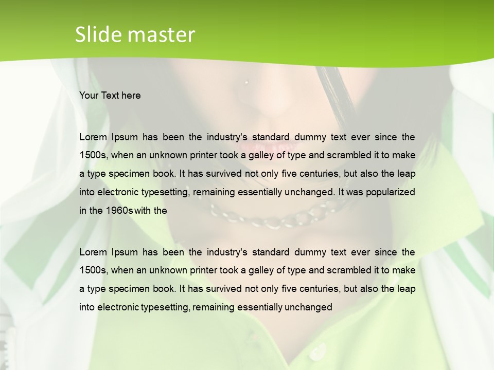 A Woman In A Green Shirt With A Hoodie Over Her Head PowerPoint Template