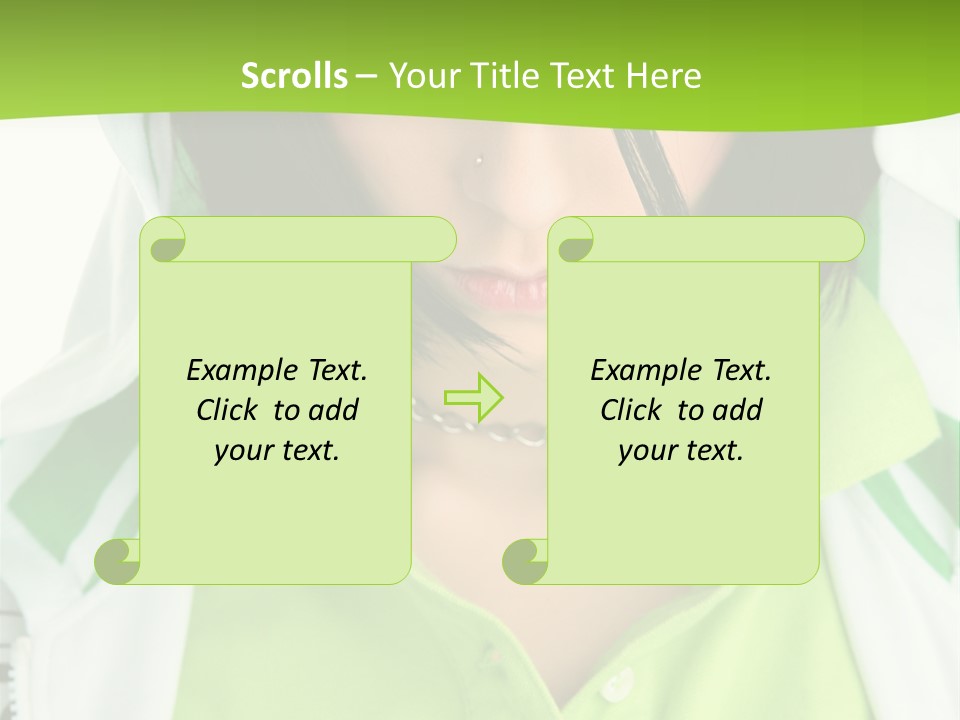 A Woman In A Green Shirt With A Hoodie Over Her Head PowerPoint Template