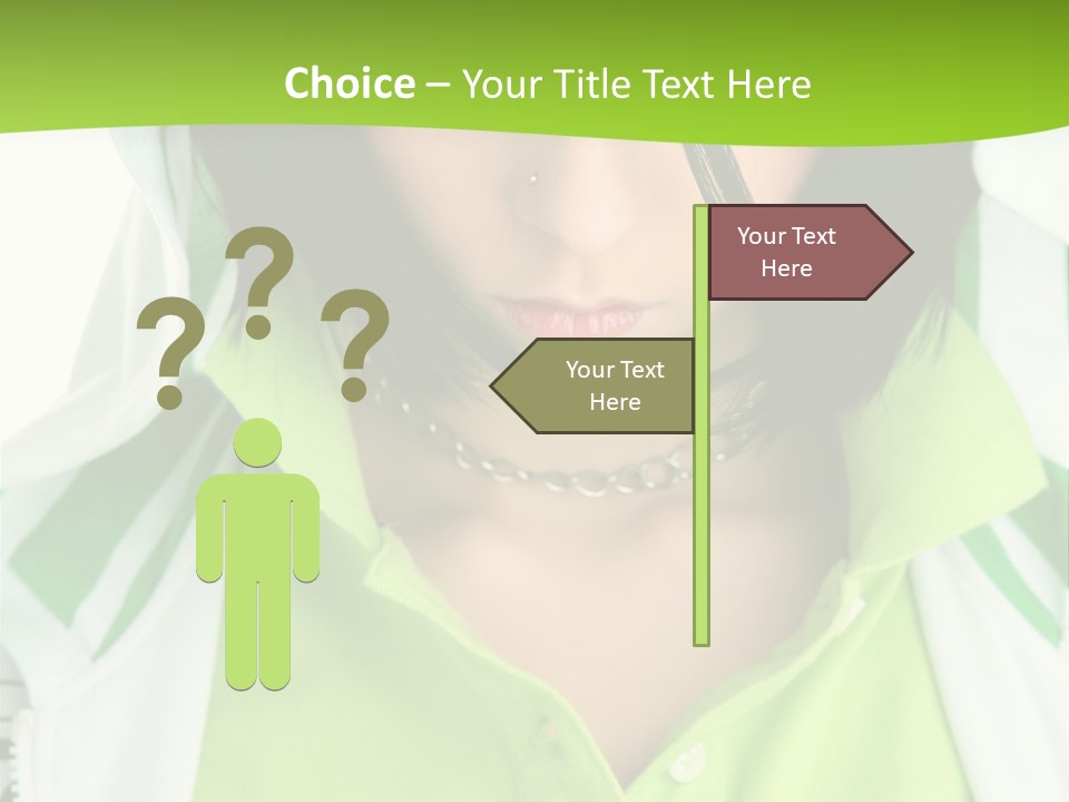A Woman In A Green Shirt With A Hoodie Over Her Head PowerPoint Template