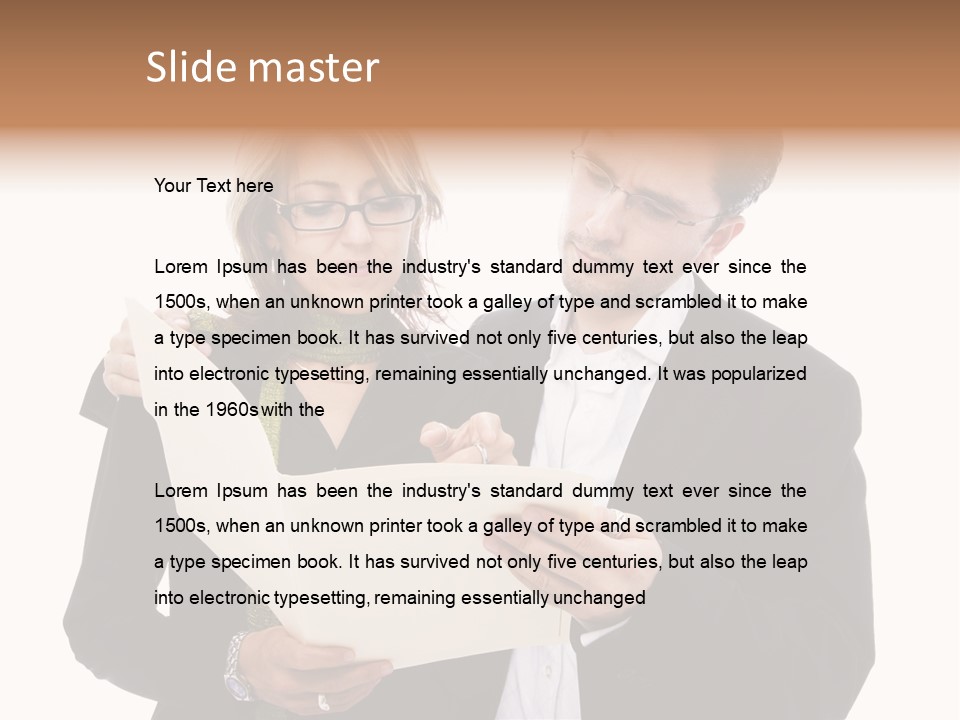 A Man And Woman Looking At A Piece Of Paper PowerPoint Template