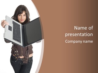 A Woman Holding A Laptop Computer In Her Hands PowerPoint Template