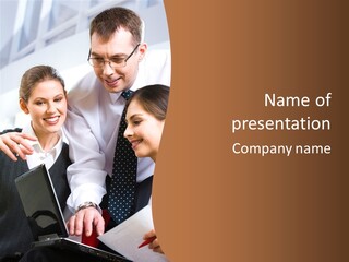 A Group Of Business People Looking At A Laptop PowerPoint Template