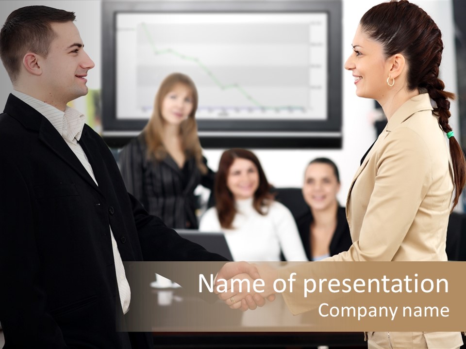 A Man And Woman Shaking Hands In Front Of A Group Of People PowerPoint Template