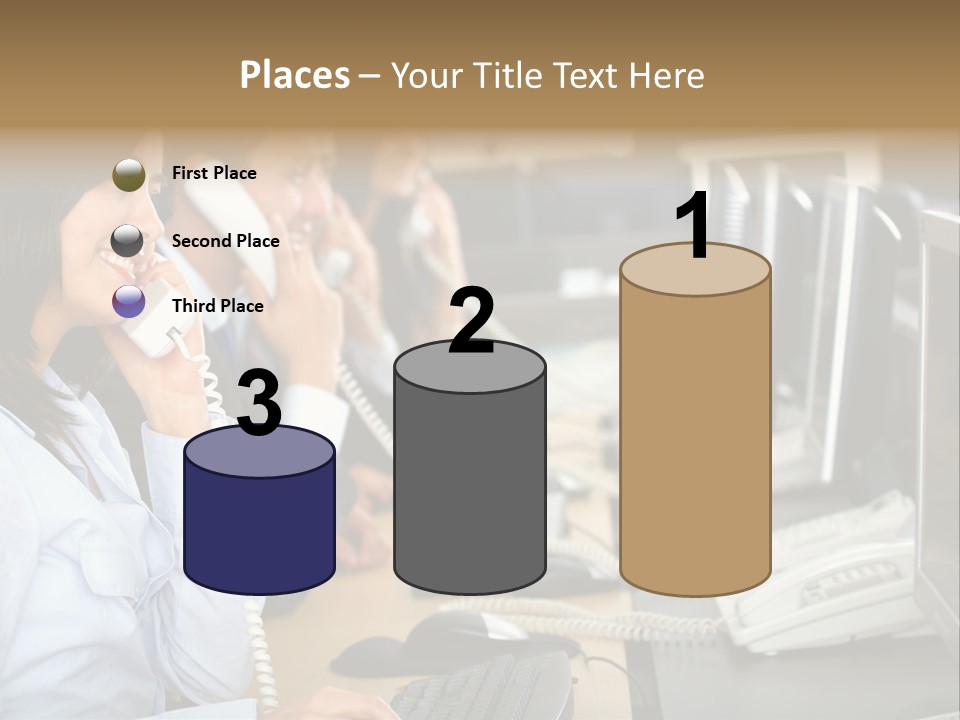 A Group Of People Sitting At A Desk Talking On Telephones PowerPoint Template