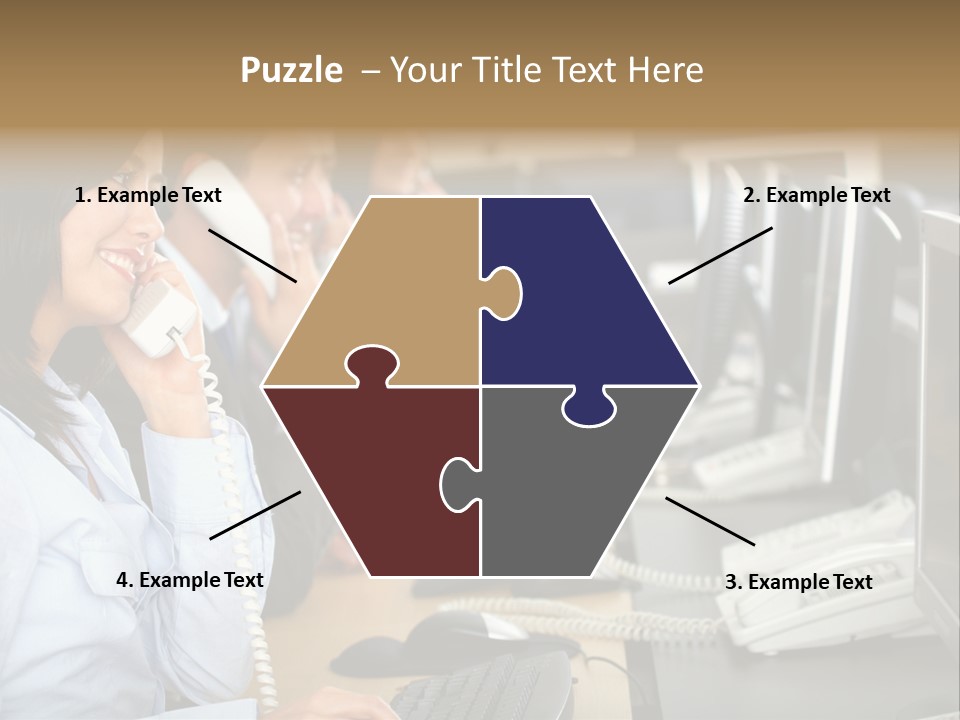 A Group Of People Sitting At A Desk Talking On Telephones PowerPoint Template