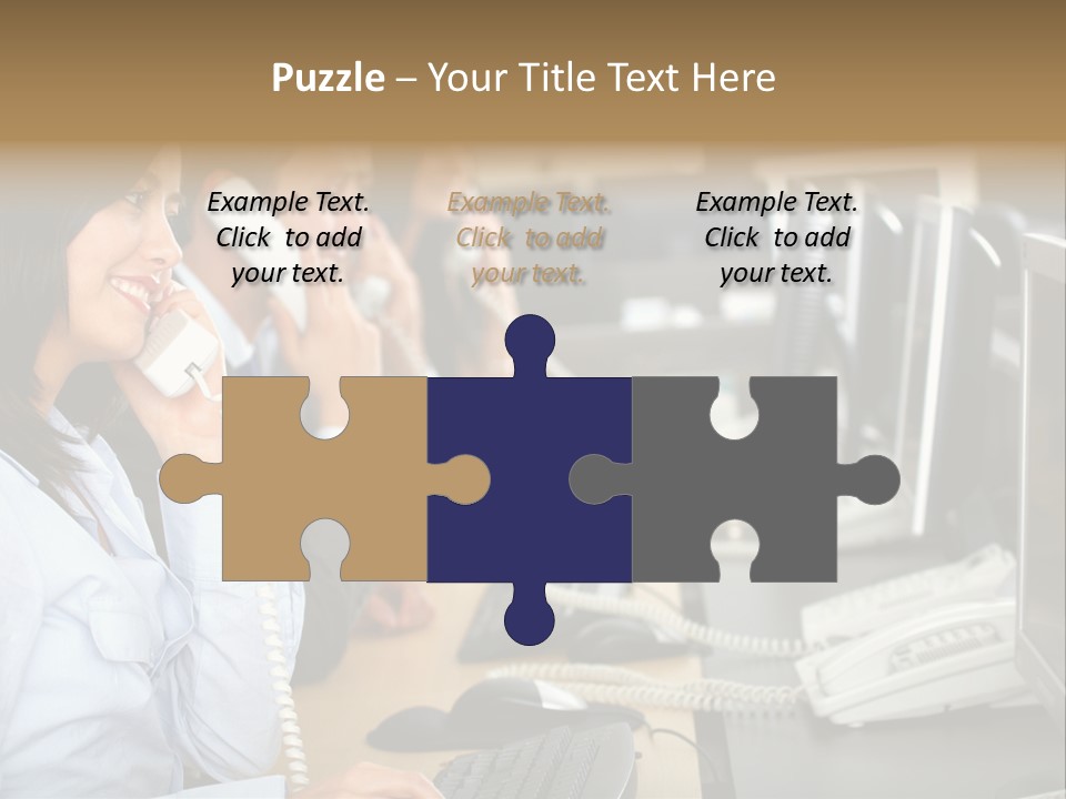 A Group Of People Sitting At A Desk Talking On Telephones PowerPoint Template