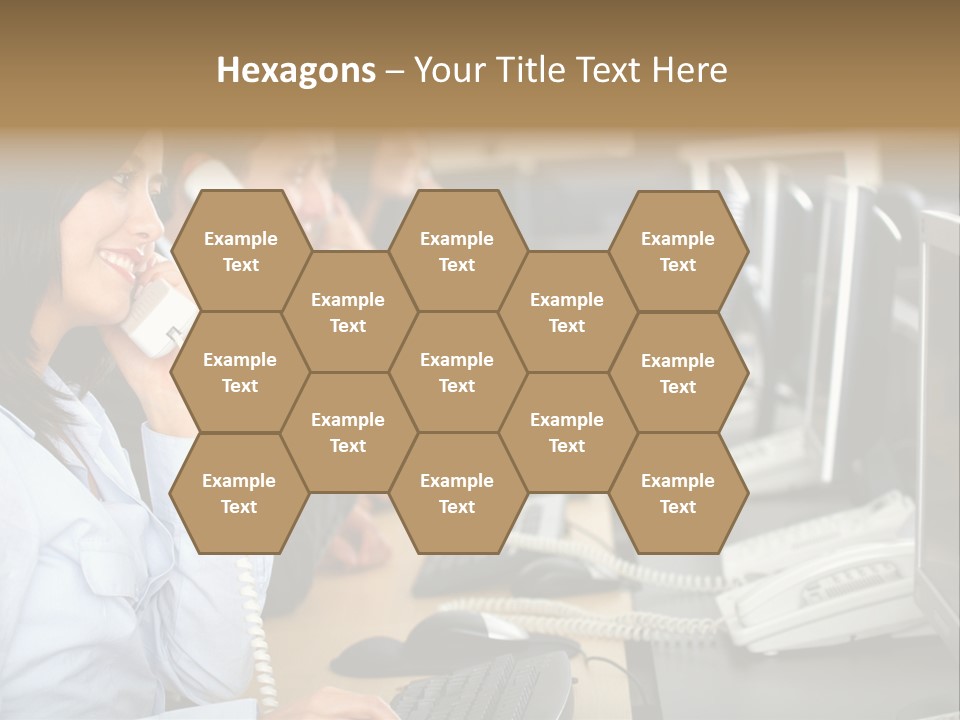 A Group Of People Sitting At A Desk Talking On Telephones PowerPoint Template