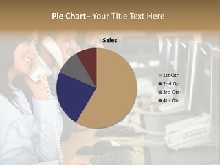 A Group Of People Sitting At A Desk Talking On Telephones PowerPoint Template