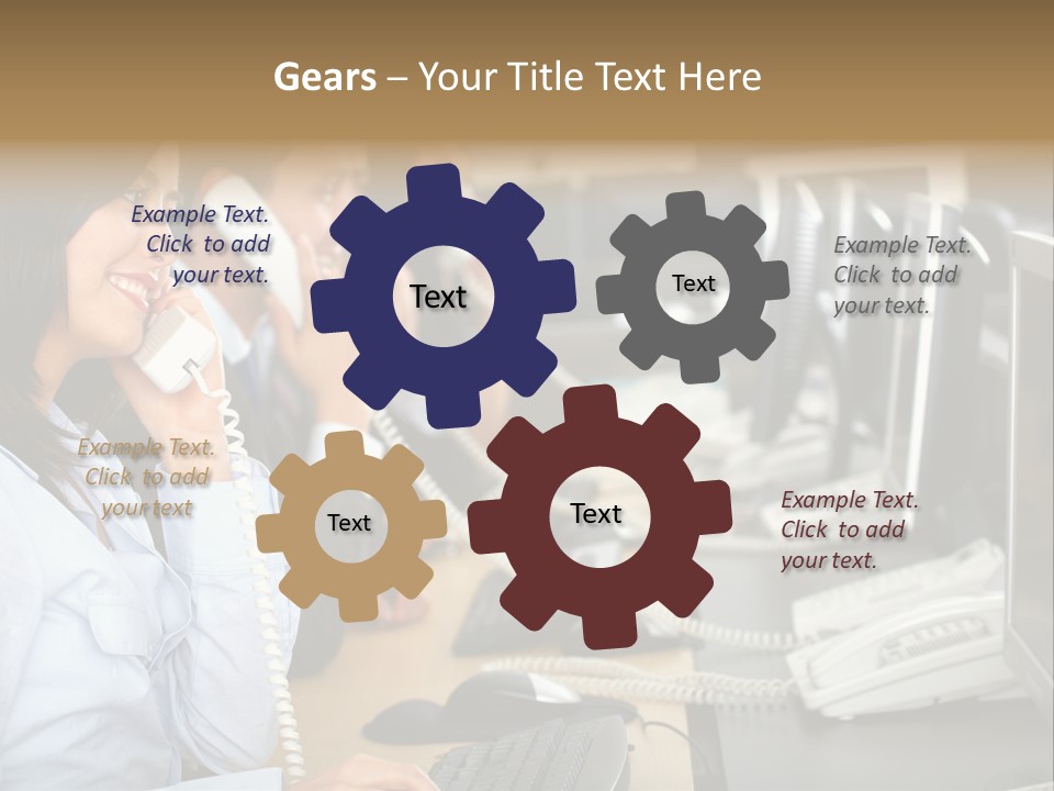 A Group Of People Sitting At A Desk Talking On Telephones PowerPoint Template