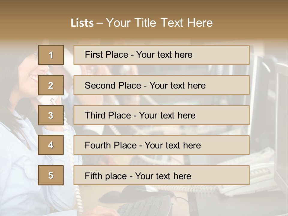 A Group Of People Sitting At A Desk Talking On Telephones PowerPoint Template