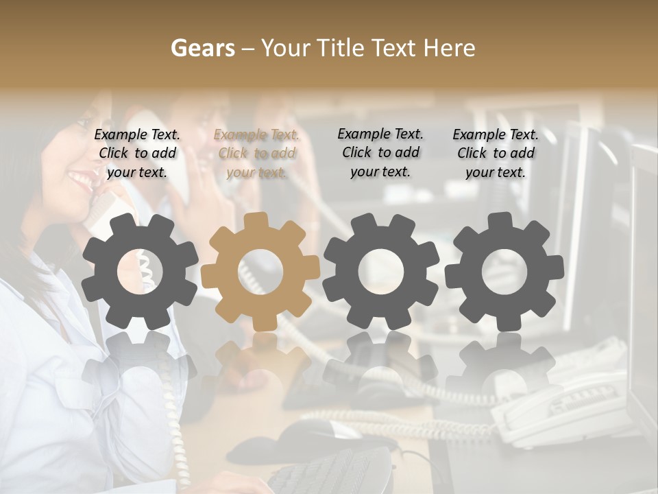 A Group Of People Sitting At A Desk Talking On Telephones PowerPoint Template