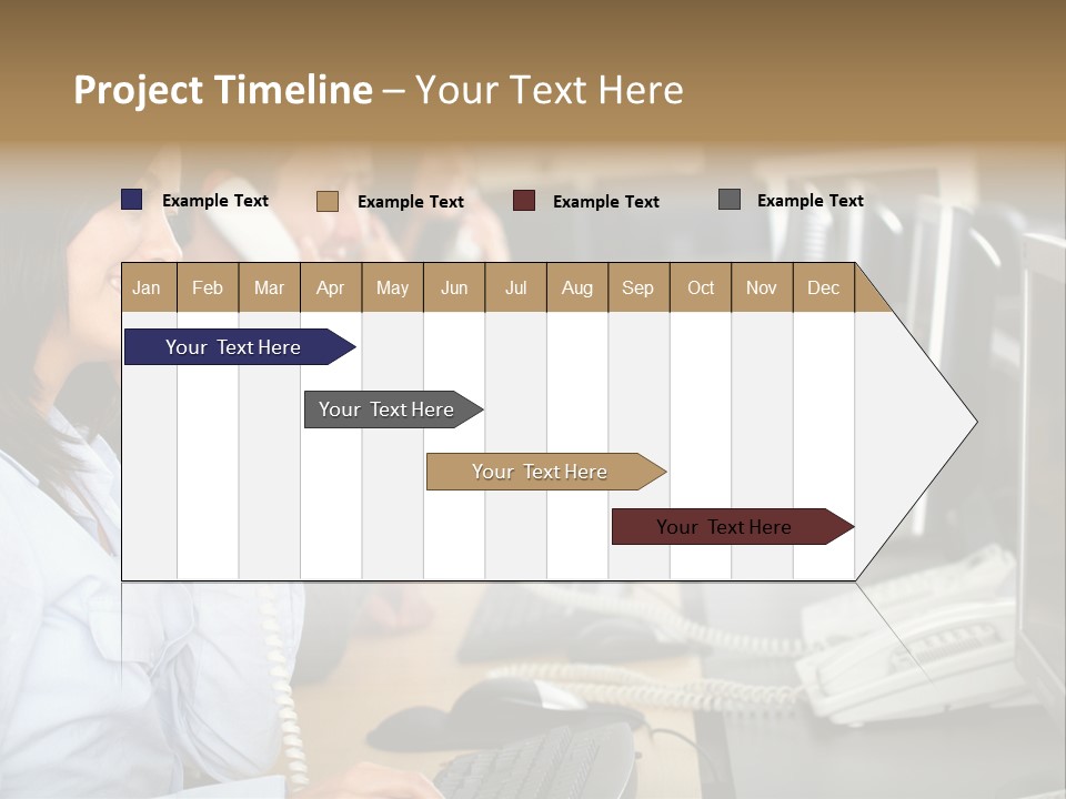 A Group Of People Sitting At A Desk Talking On Telephones PowerPoint Template