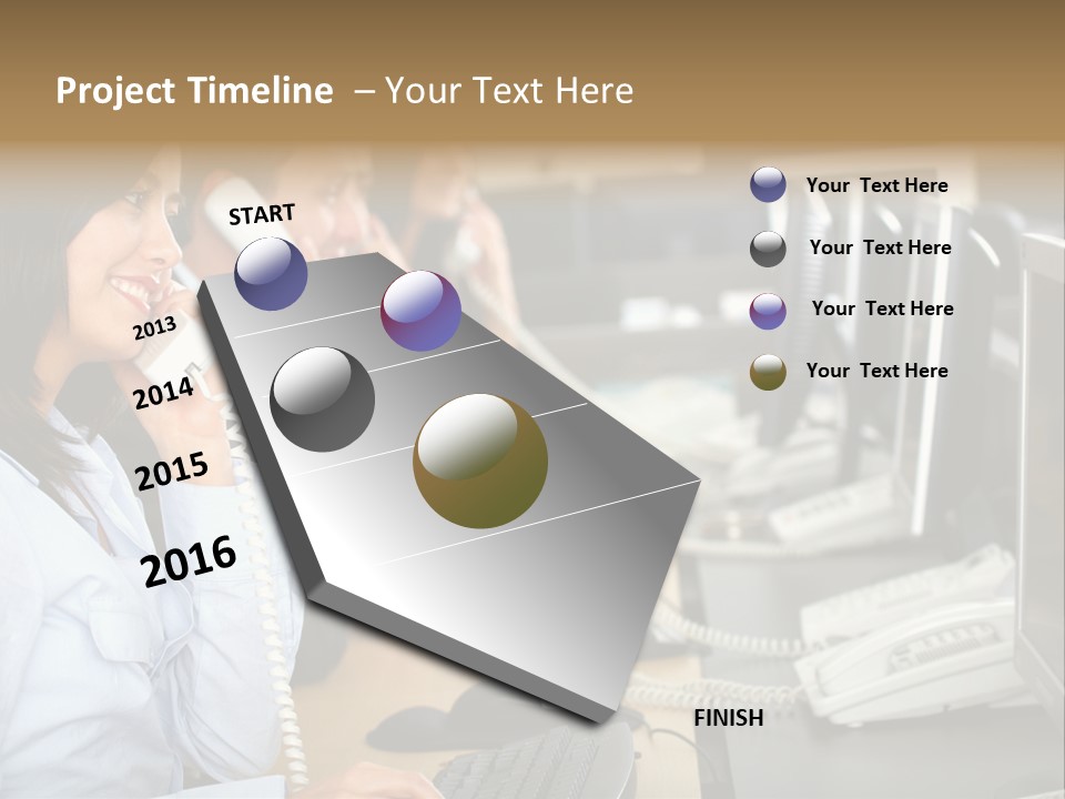 A Group Of People Sitting At A Desk Talking On Telephones PowerPoint Template