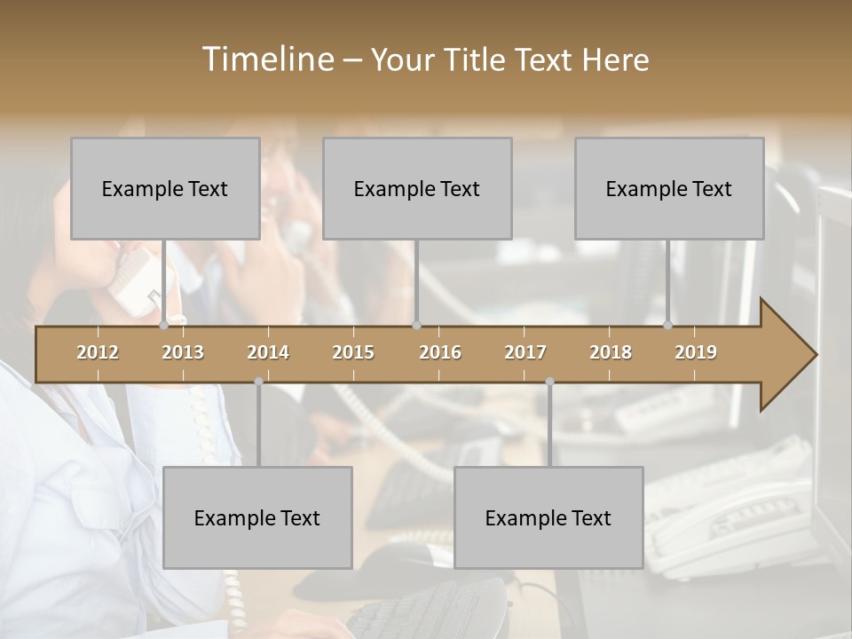 A Group Of People Sitting At A Desk Talking On Telephones PowerPoint Template