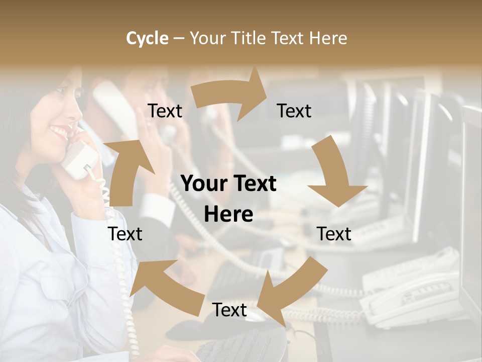 A Group Of People Sitting At A Desk Talking On Telephones PowerPoint Template