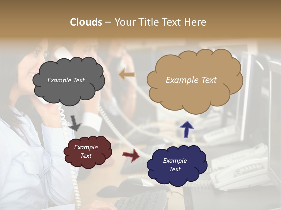 A Group Of People Sitting At A Desk Talking On Telephones PowerPoint Template