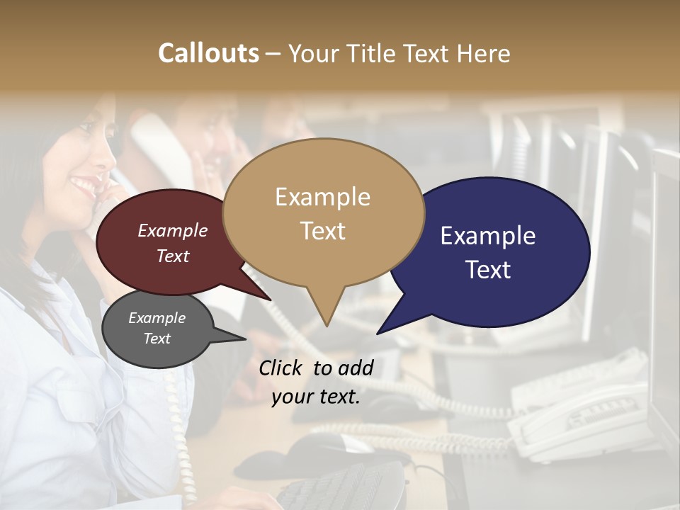 A Group Of People Sitting At A Desk Talking On Telephones PowerPoint Template