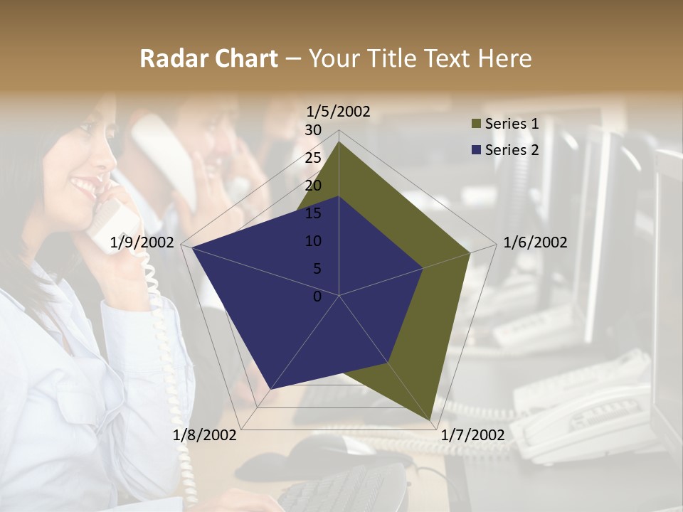 A Group Of People Sitting At A Desk Talking On Telephones PowerPoint Template