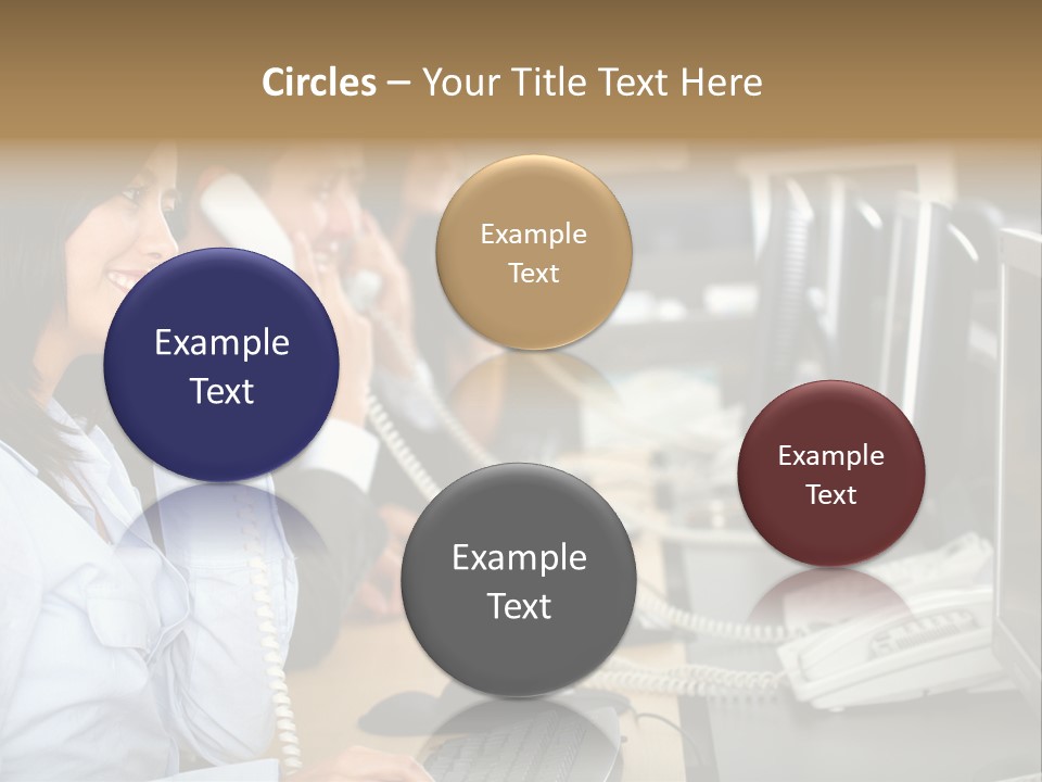 A Group Of People Sitting At A Desk Talking On Telephones PowerPoint Template