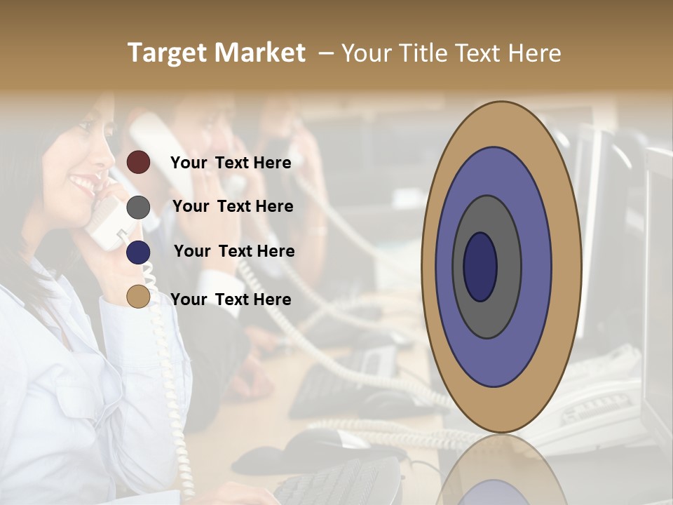 A Group Of People Sitting At A Desk Talking On Telephones PowerPoint Template