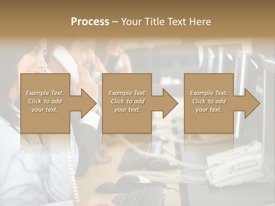 A Group Of People Sitting At A Desk Talking On Telephones PowerPoint Template