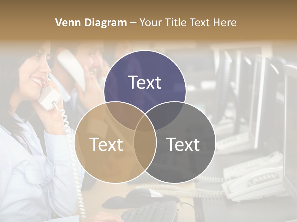 A Group Of People Sitting At A Desk Talking On Telephones PowerPoint Template