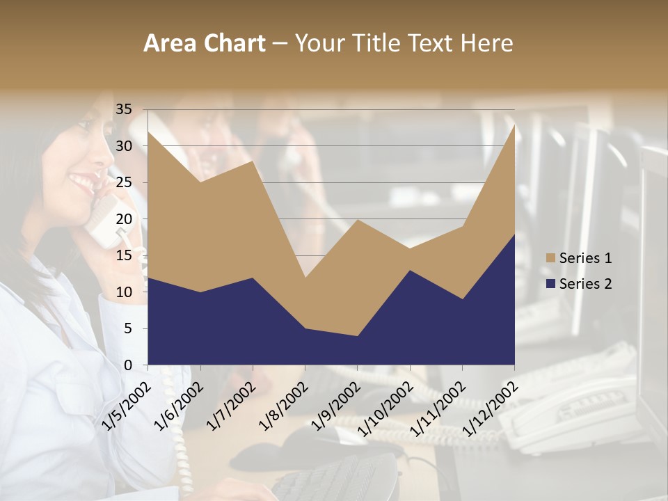 A Group Of People Sitting At A Desk Talking On Telephones PowerPoint Template