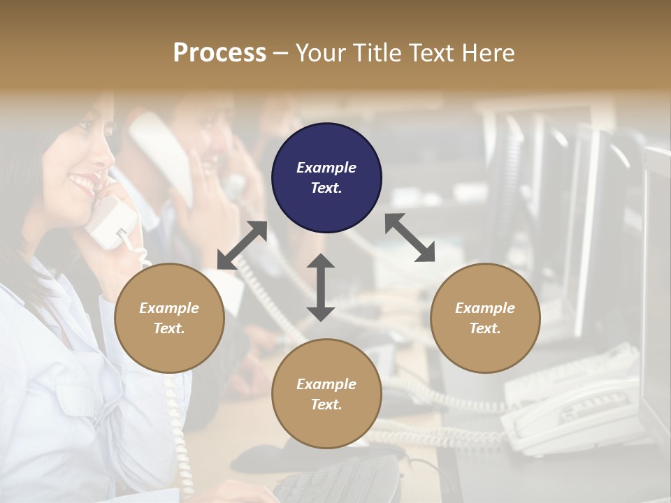 A Group Of People Sitting At A Desk Talking On Telephones PowerPoint Template